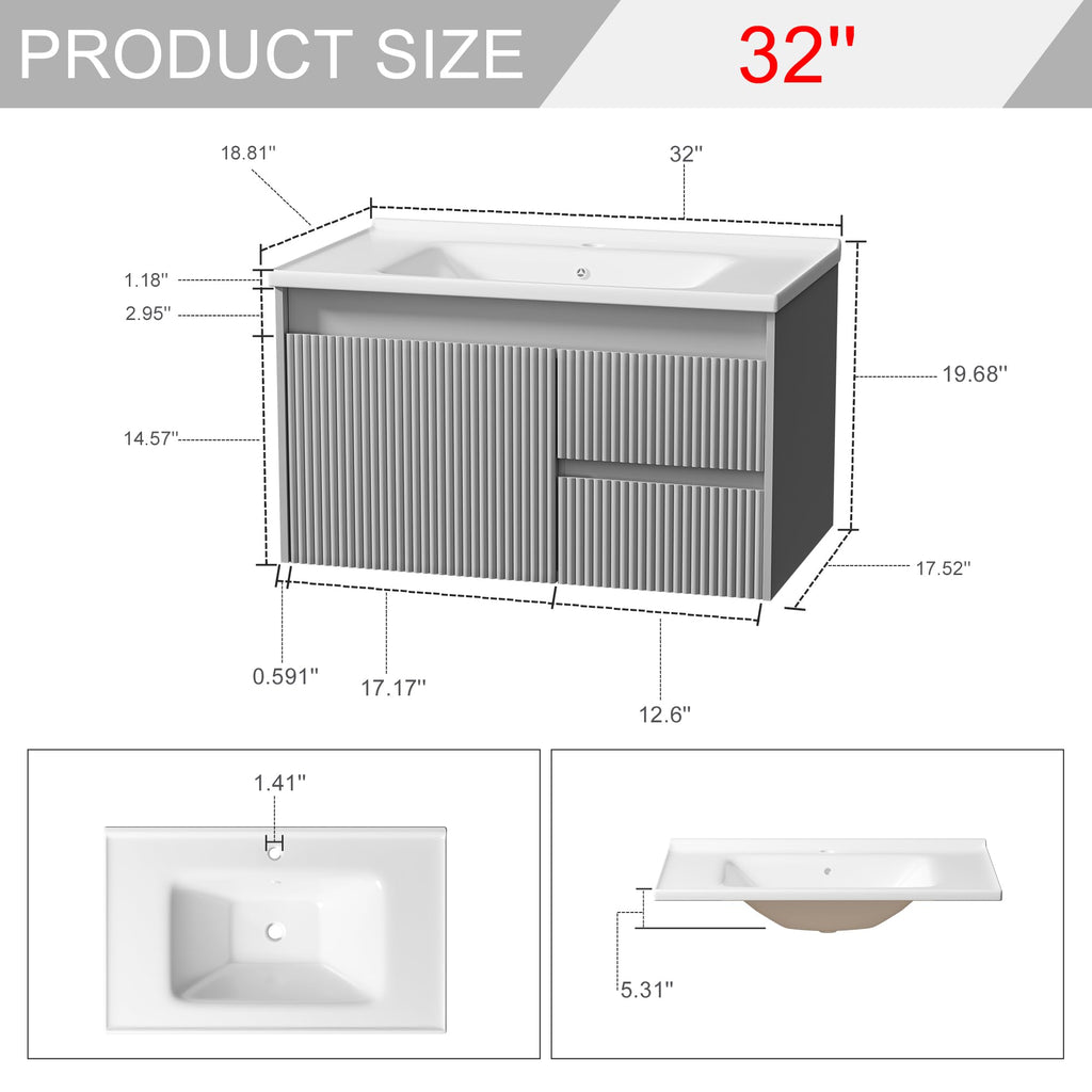 Floating Bathroom Vanity 32 Inch, Wall Mounted Bathroom Vanity with Ceramic Sink and 2 Drawers for Storage, Modern