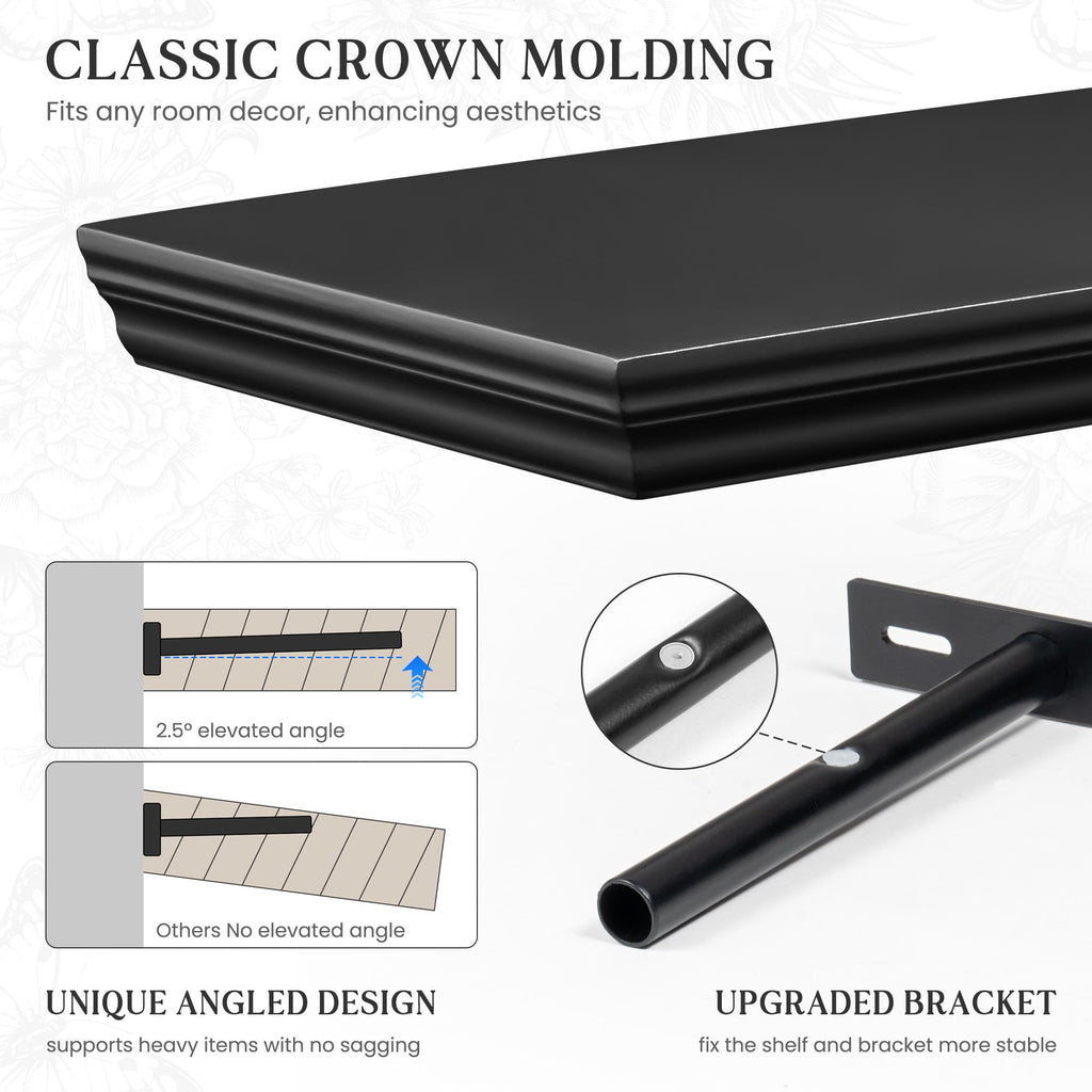 Floating Shelves, Black, 16 Inch Long, 9.3 Inch Deep, 2 Pack