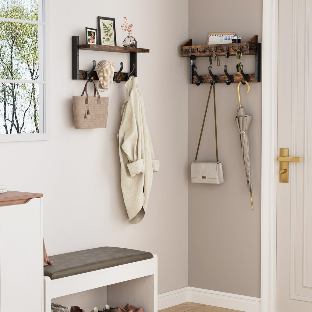 35" Coat Rack Wall Mount with Shelf, Rustic Brown