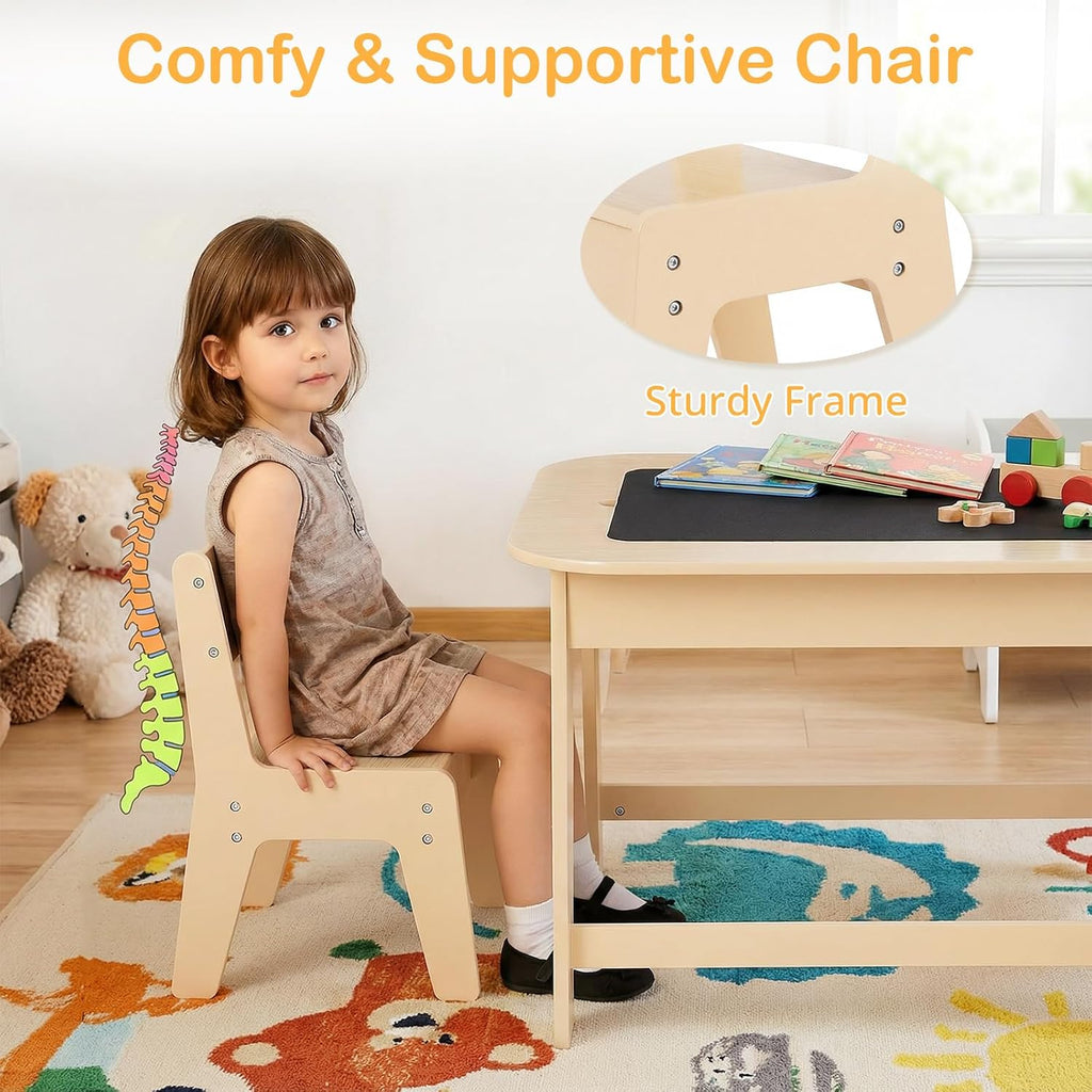 Kids Table and Chair Set, 3 in 1 Wooden Activity Table with Removable Tabletop, Blackboard and Whiteboard