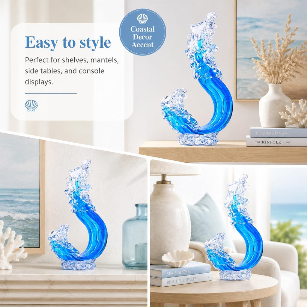 Blue Hand Blown Glass Ocean Wave Statue,Fused Sea Glass Art Decor,Abstract Wave Sculpture Ornament,Coastal Nautical