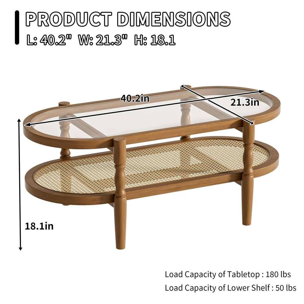 Rattan Coffee Table, Oval Wood Glass Table, Brown, 40 inch