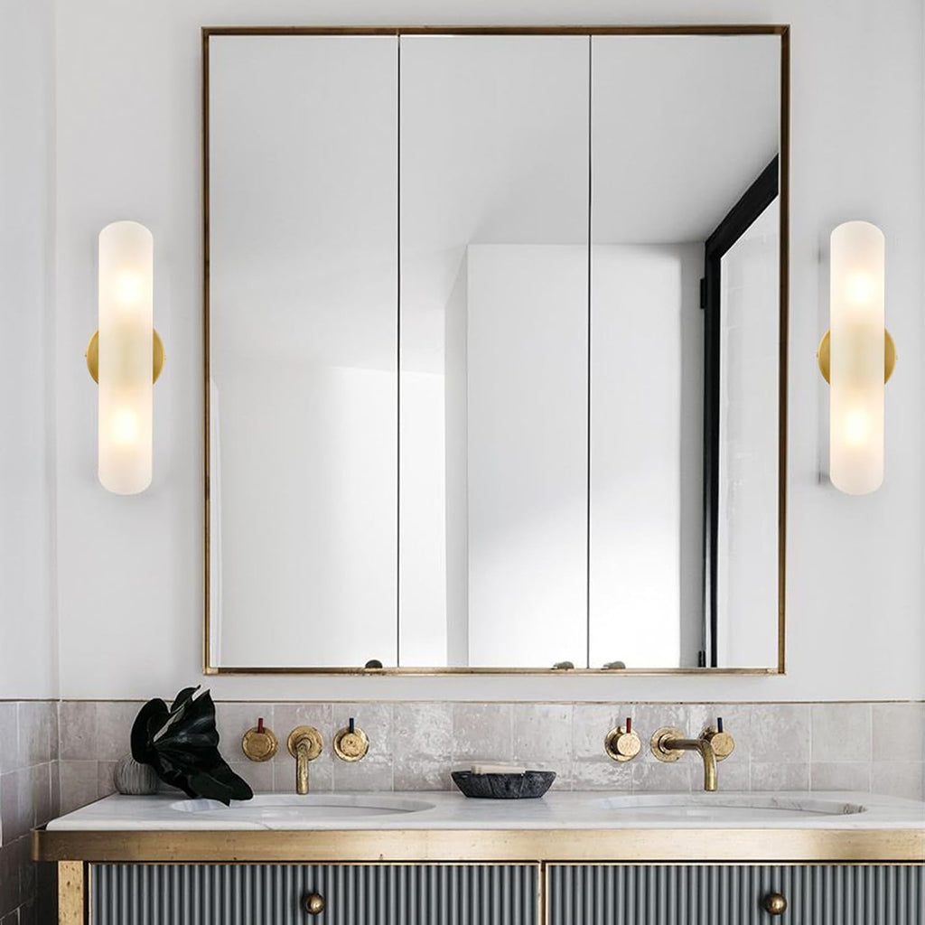Modern Brass Wall Sconces Set of Two Frosted Glass Wall Light Fixture 2-Light Cylinder Bathroom Vanity Lights Gold