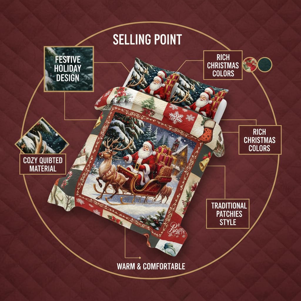 Merry Christmas Patchwork Quilt Set King- Santa Claus Sled Tree Snowflakes Checkered Printed Holiday Bedding Set