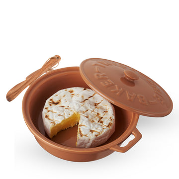 Ceramic Brie Baker with Wood Spreader, Brie Baking Tools with Lid Bakeware Sets, Terra Cotta Ceramic, Kitchen Set of 1