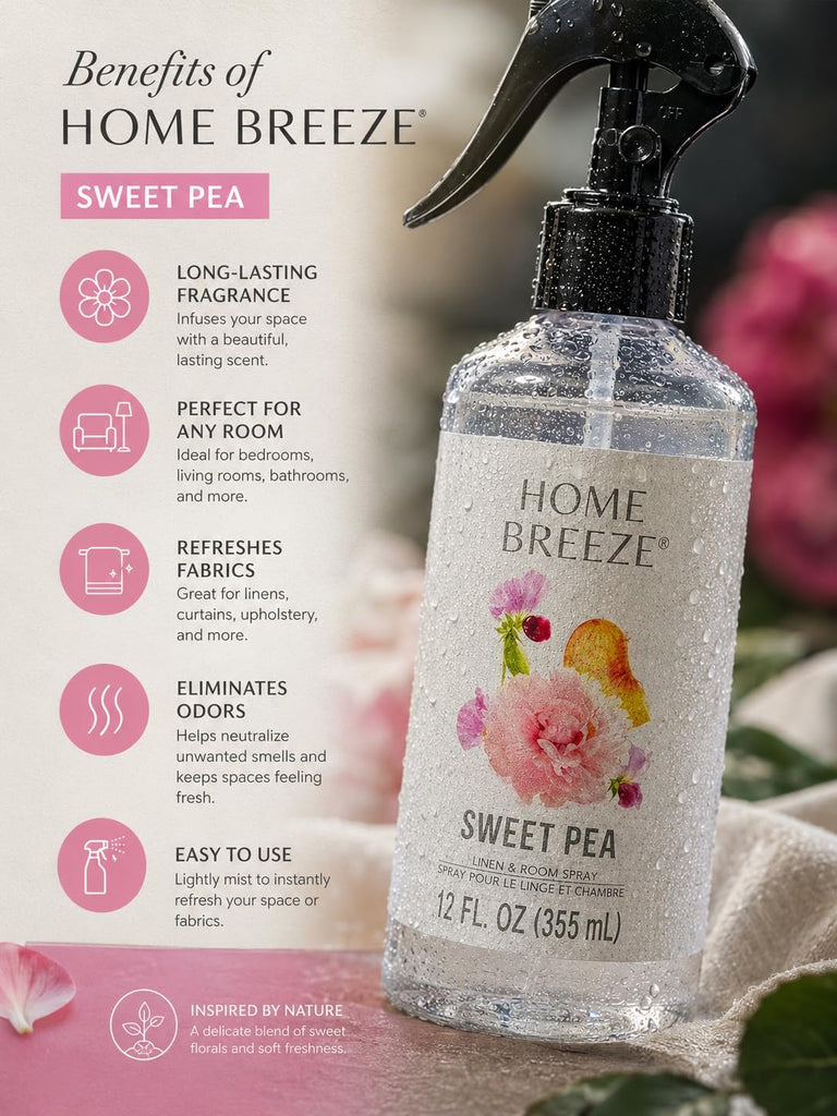 Home Breeze Sweet Pea Linen & Room Spray, 12 fl oz (355 mL) - Long-Lasting Fresh Floral Scent for Linens, Bedding - Set of 2