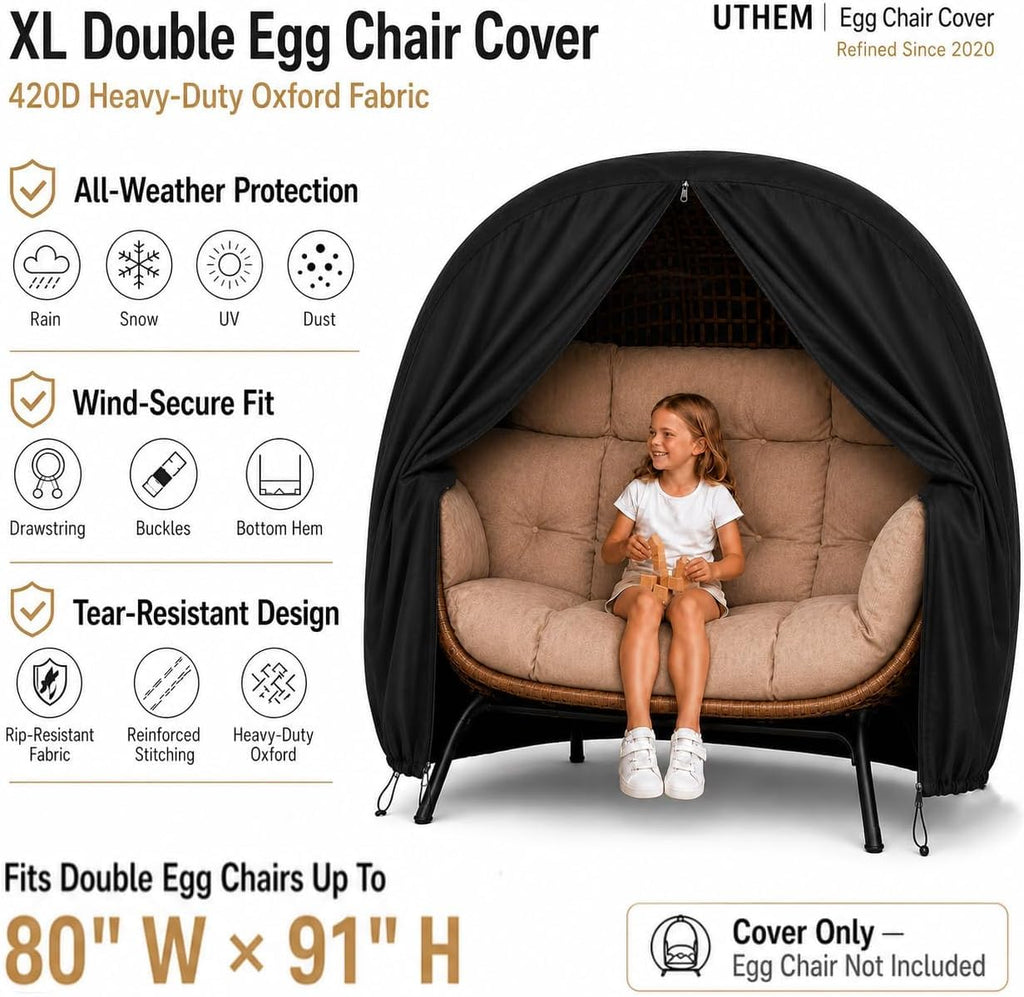 Egg Chair Cover Double Egg Chair Covers Waterproof Outdoor, Black