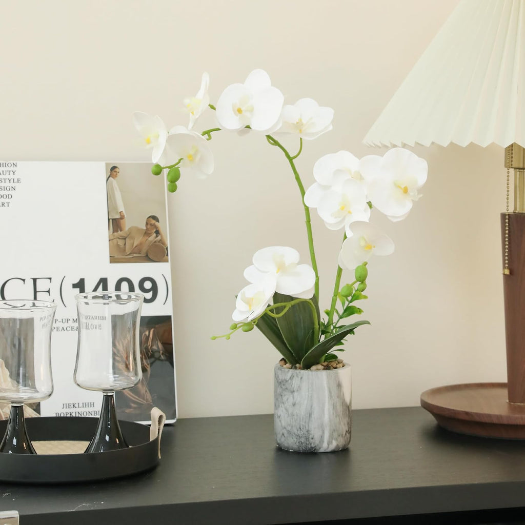 White Fake Orchids Flowers in Pot Bendable Faux Orchids Artificial Flowers Washable Silk Orchid Phalaenopsis Decor
