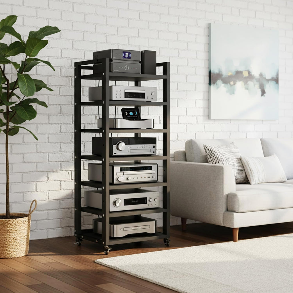 7 Tier AV Media Stand, 55in Audio Rack Tower Stereo Components Cabinet