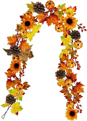 Fake Fall Maple Leaf Garland Hanging Vine- 6 Feet - Artificial Berries Sunflower Pumpkin Autumn Decoration