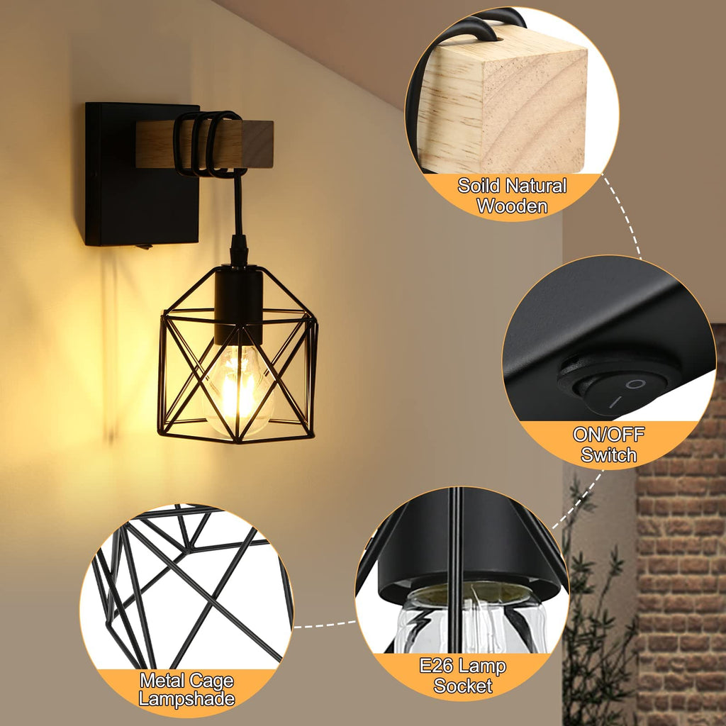 Black Cage Industrial Wall Sconce with ON/Off Switch Set of 2