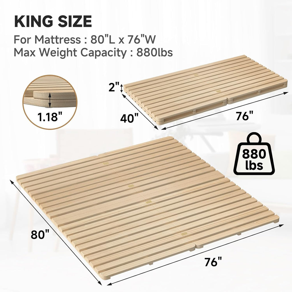 Foldable Floor Bed Frame, Solid Wood Slat Base for Futon Mattress