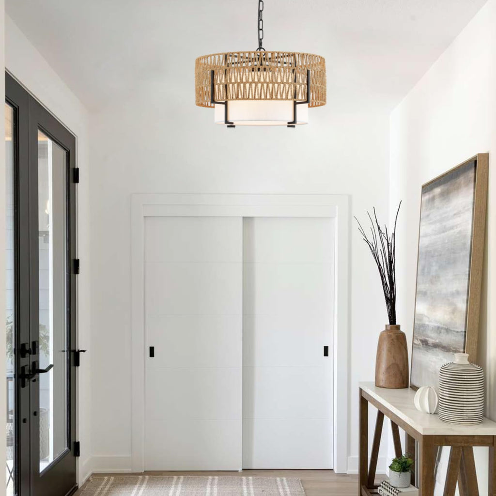 19.8'' Boho Rattan Chandelier 4-Light Rustic Farmhouse Pendant Light Fixture with Fabric Lampshade Drum Chandelier