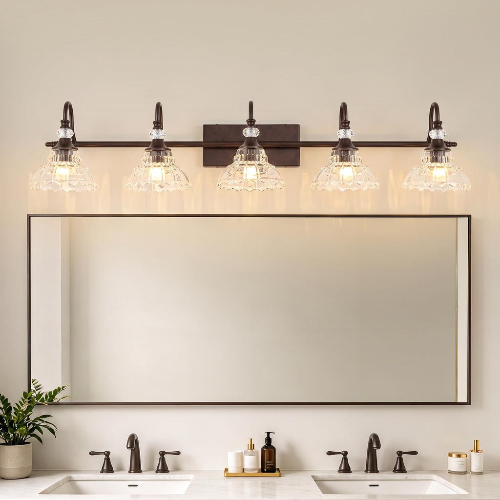 5-Light Oil Rubbed Bronze Vintage Bathroom Vanity Light w/Flower Shade
