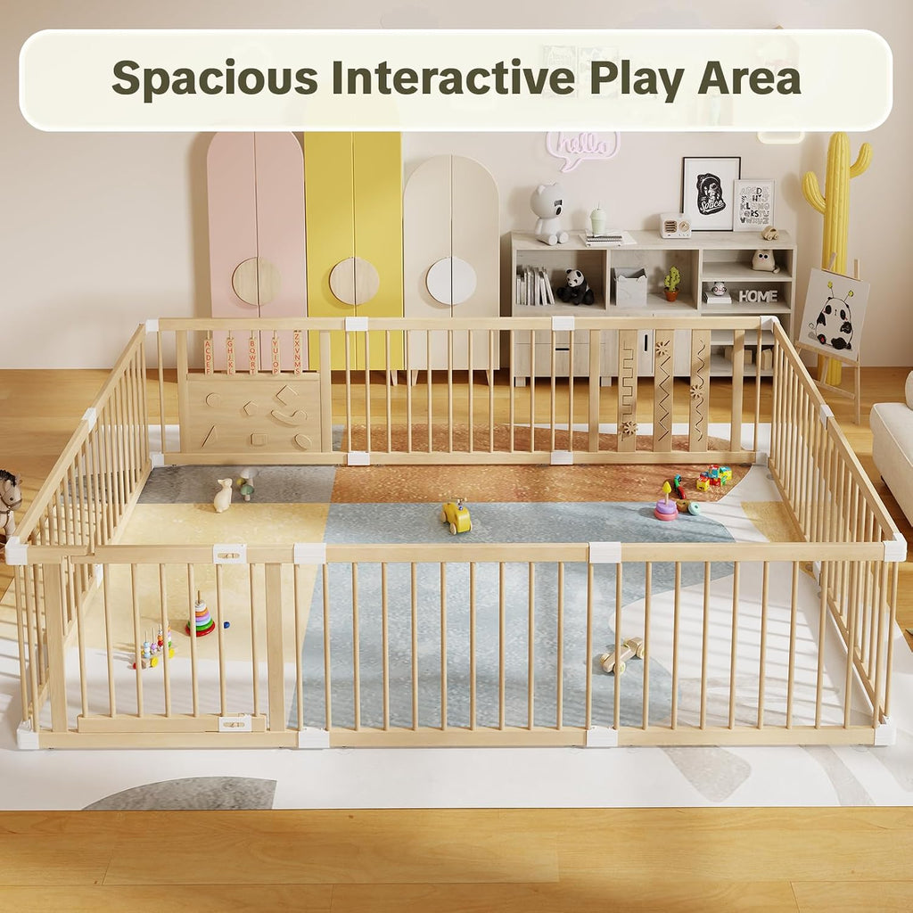 Wooden Baby Playpen with Child Safety Lock, 94x64 Inch Large Playpen for Babies and Toddlers Indoor Foldable Play Pen