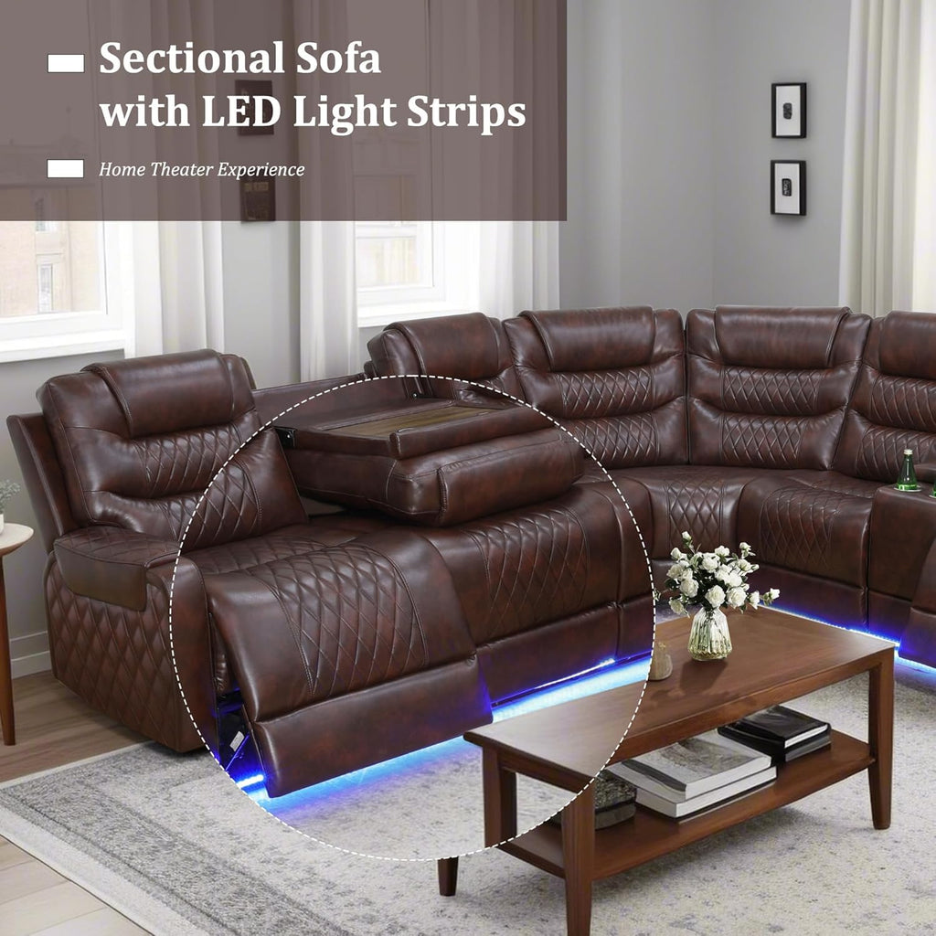 Breathing Leather Reclining Sectional Couch, 6 Seat L Shaped Sofa with 2 Power Recliner Seats, Reclining Sectional