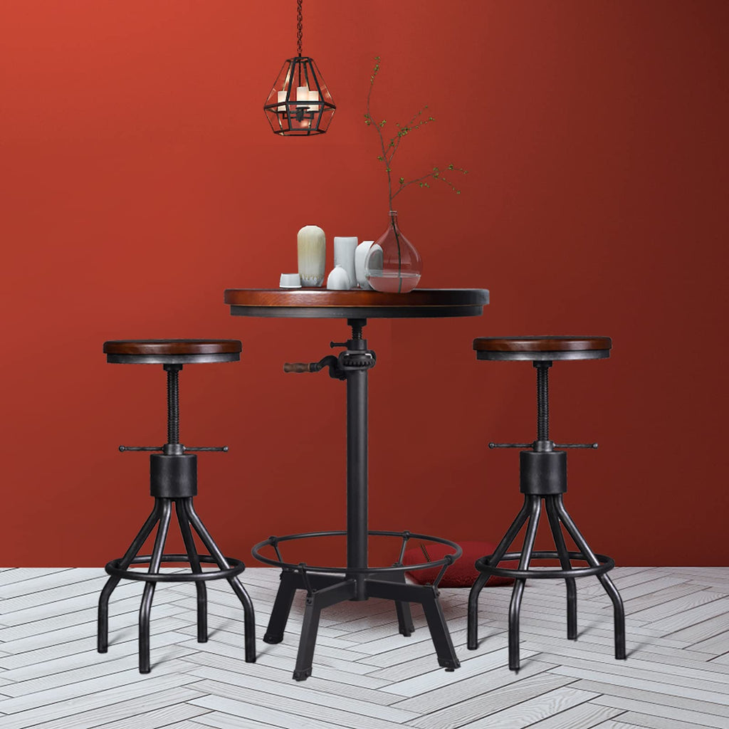 Industrial Bar Table-33.5-39.4 Inch Tall-Adjustable Bar Height Pub Table-23.7 Inch Swivel Round Wood Top Metal