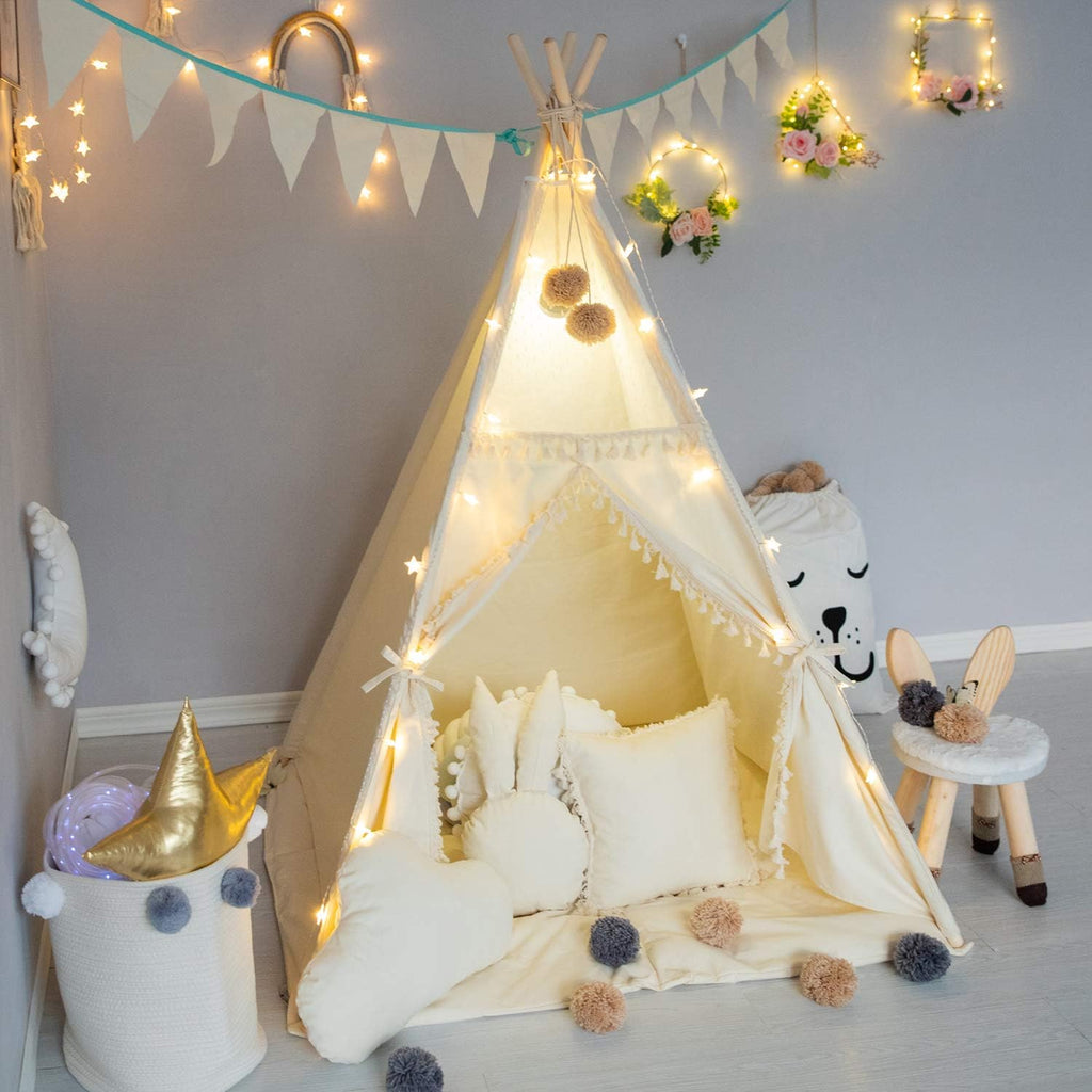 Kids Teepee Tent with Padded Mat, Banner, Fairy Lights, Yarn Ball, Carry Bag, Beige Cotton Canvas Play Tent for Child