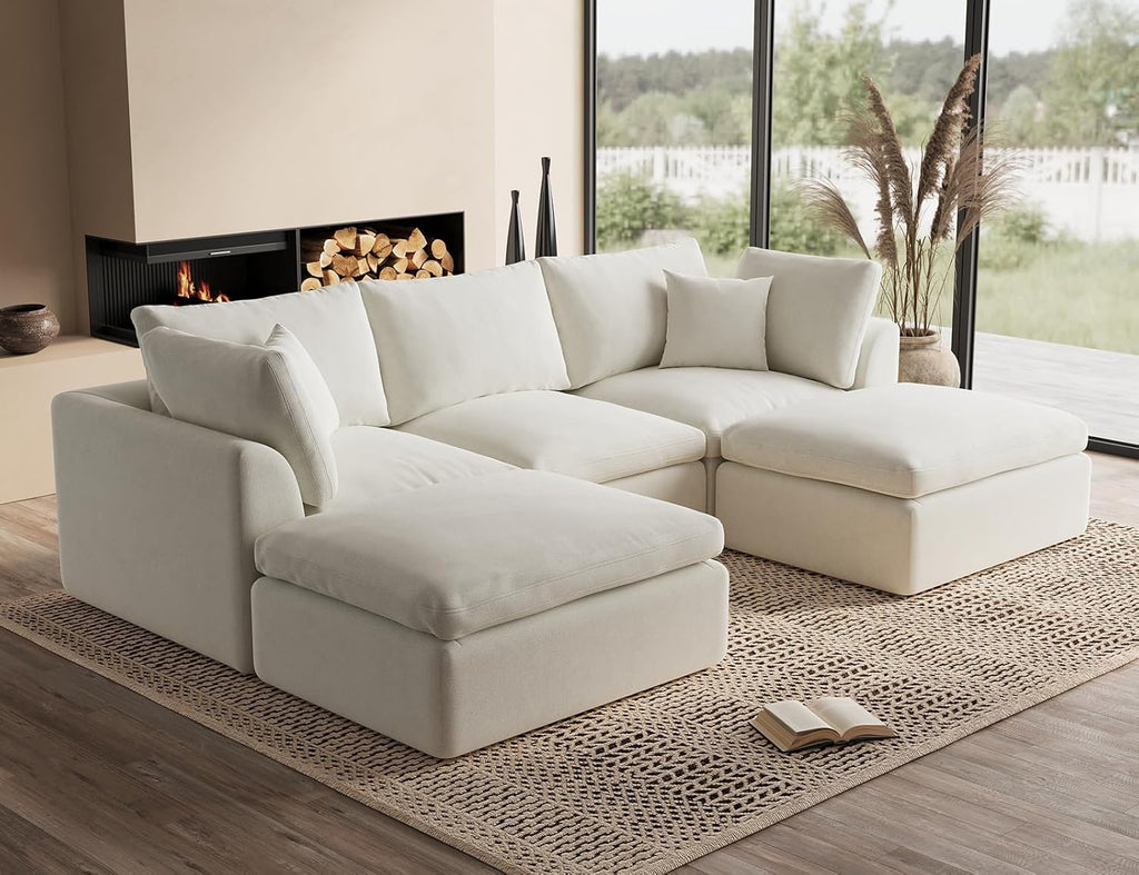 110" Cloud Sectional Couches , Boneless U Shaped Couch with Ottoman, 3 Seater Modular Sectional Sofa, Warm White