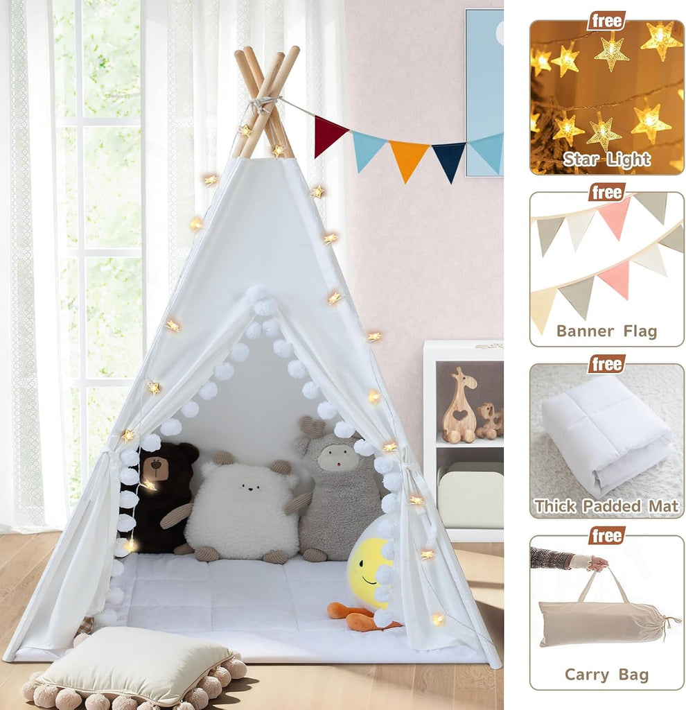 Teepee Tent for Kids with Padded Mat Cotton Canvas Kids Teepee with Pompom for Toddlers Indoor Play Tent for Girls