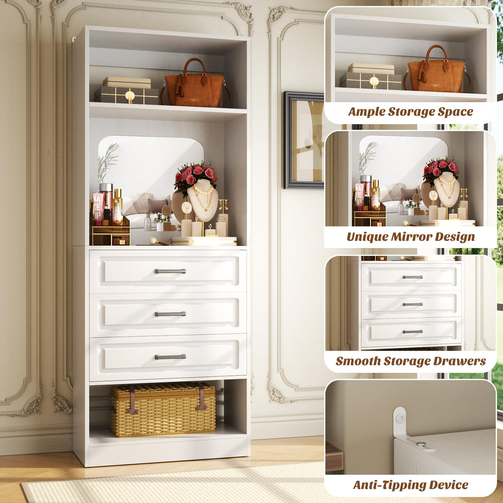 25" Closet System with 3 Drawers and Mirror, Wardrobe, White