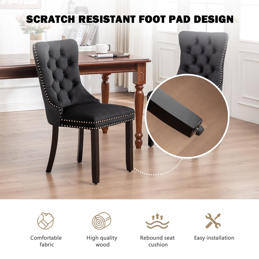 Velvet Dining Chairs Set of 2, Upholstered Dining Chairs with Ring Pull Trim and Button Back, Modern Seating (Black)