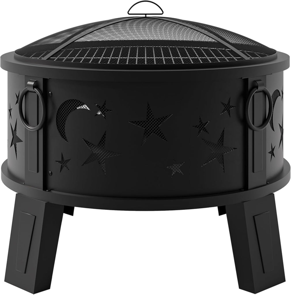 26" Outdoor Fire Pit with Grill & Mesh Cover, Wood Burning Steel Firepit with Poker & Star Spark Screen, Heavy Duty Patio Fire Bowl for Backyard - Image 7