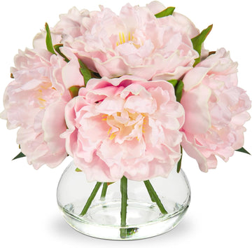 Pink Peonies Artificial Flowers with Vase Faux Flowers Peony Fake Flowers Silk Flower Arrangements in Glass Vase