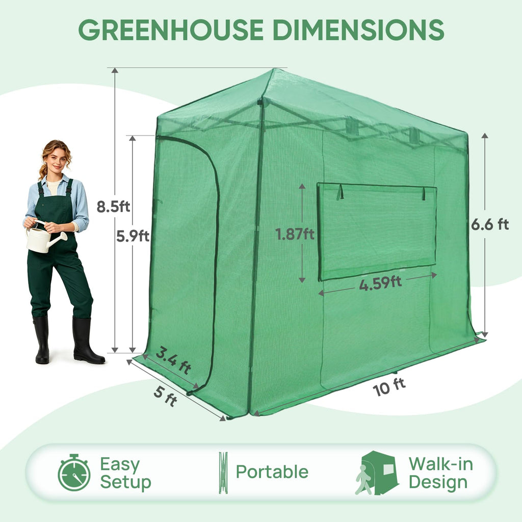 10x5 Easy Setup Pop Up Greenhouse, Lean-To Design, Clear/Green