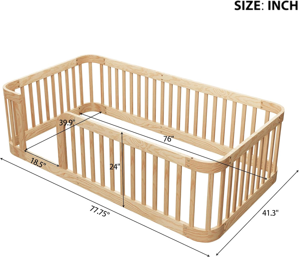 Floor Bed with High Fence & Entrance, Natural Floor Bed for Kids