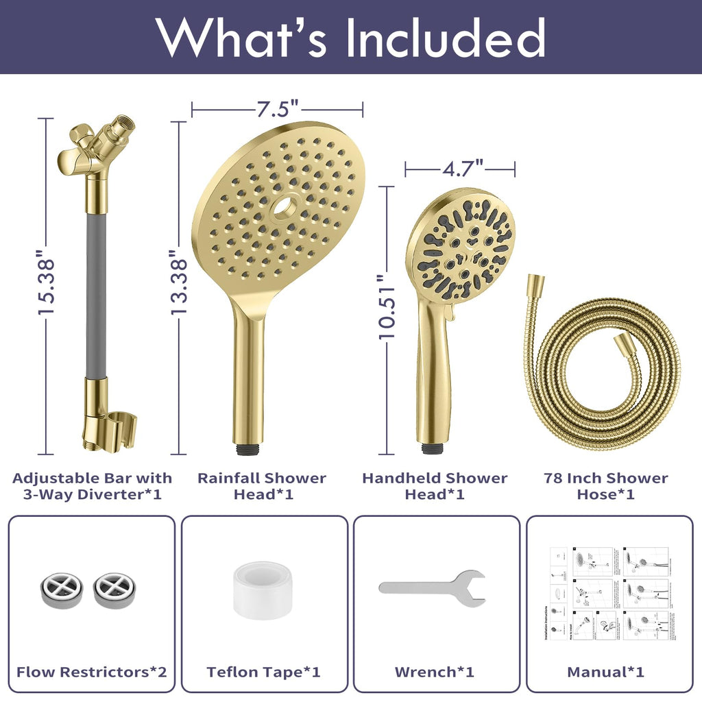 Brushed Gold Dual Shower Heads with 9 Modes Handheld Spray Combo