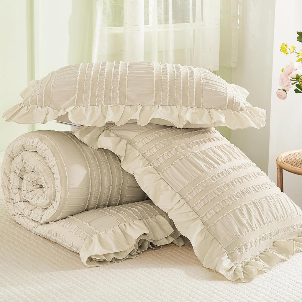 Beige Ruffle Comforter, Boho Shabby Chic Bedding for Bed, Soft Seersucker Farmhouse Bedding Set with 1