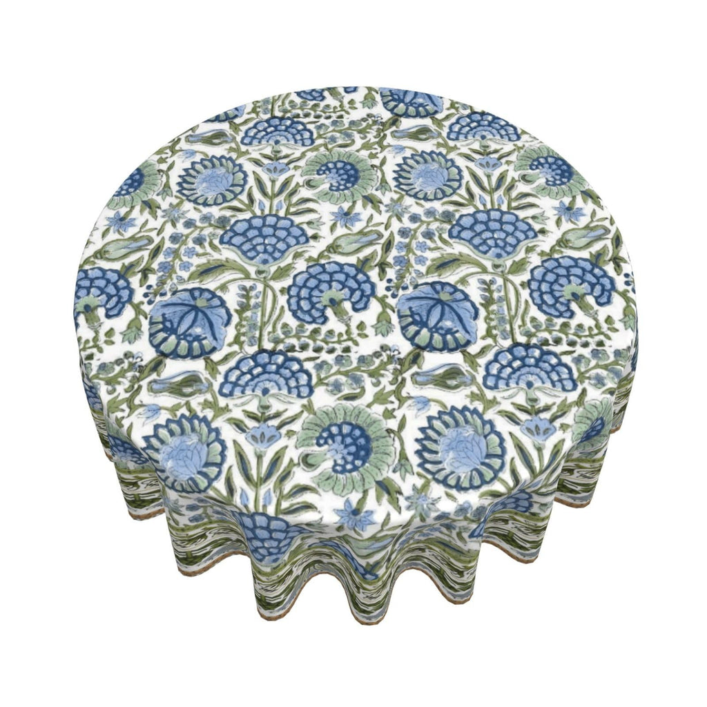 Boho Navy Blue Tablecloth 70 Inch Round Sage Green Floral Table Cloth Vintage Flower Decorative Polyester Stain
