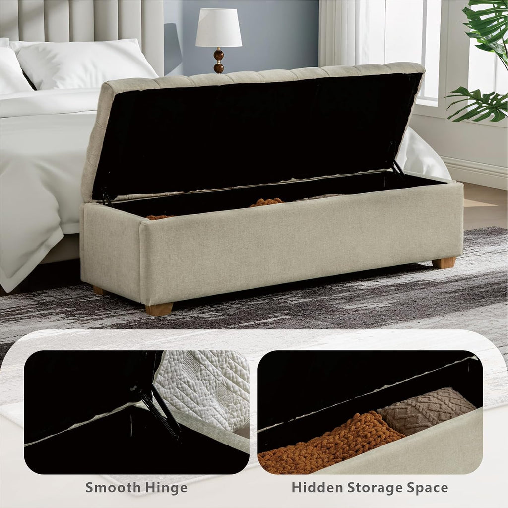 60" Ottoman with Storage Oversized End of Bed Storage Bench Upholstered Benches -Beige