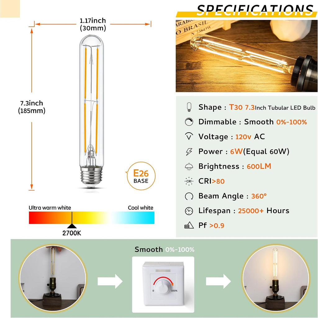 Tubular Light Bulb 7.3 Inch Dimmable T10 LED Bulb E26 6W 60 Watts
