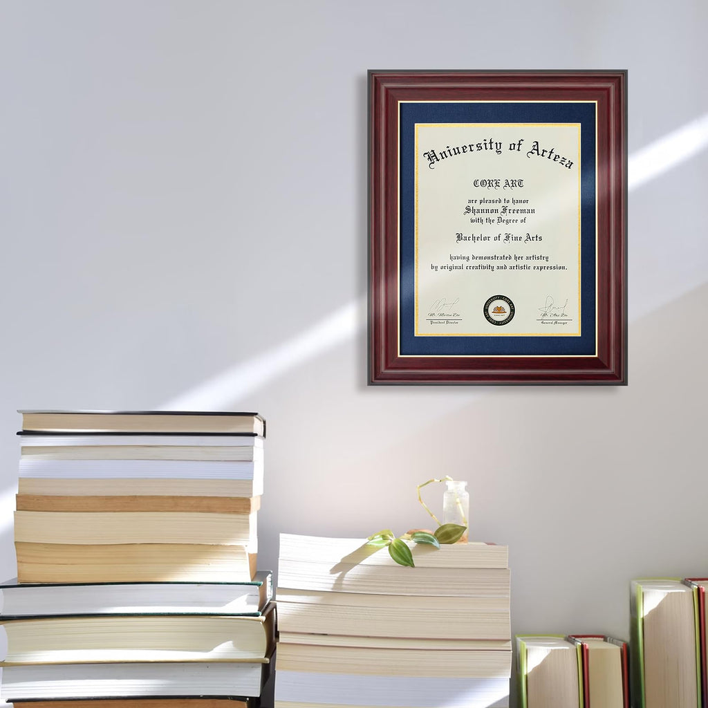11x14 Diploma Frame, Dark Red, Blue Mat for 8.5x11