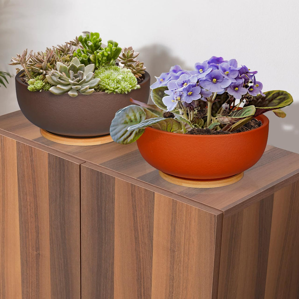 10 Inch Large Terracotta Planter Pot, Clay Succulent Bonsai Planter with Drainage Hole and Bamboo Saucer for Indoor