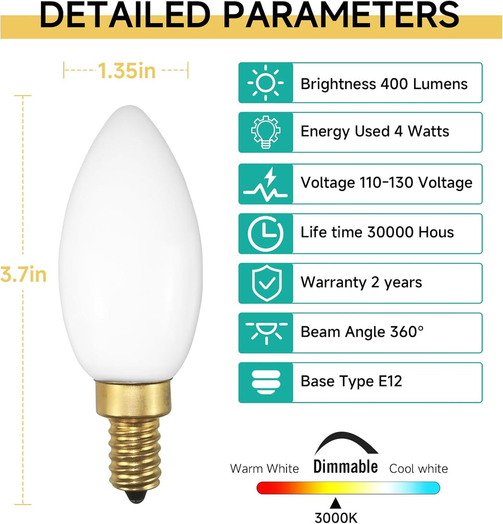 Type B/B11 Dimmable LED Candelabra Filament Bulb E12 4W 3000K Milky White Glass 6-Pack
