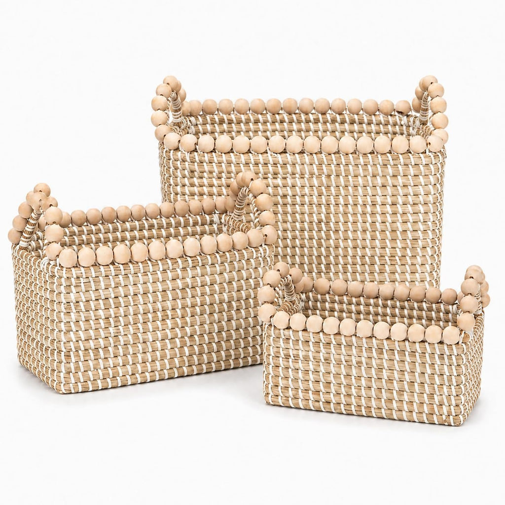 Handwoven Seagrass Shelf Baskets, Set of 3 Decorative Storage Bins with Bead-Accented Handles, Vietnamese Woven