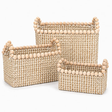 Handwoven Seagrass Shelf Baskets, Set of 3 Decorative Storage Bins with Bead-Accented Handles, Vietnamese Woven
