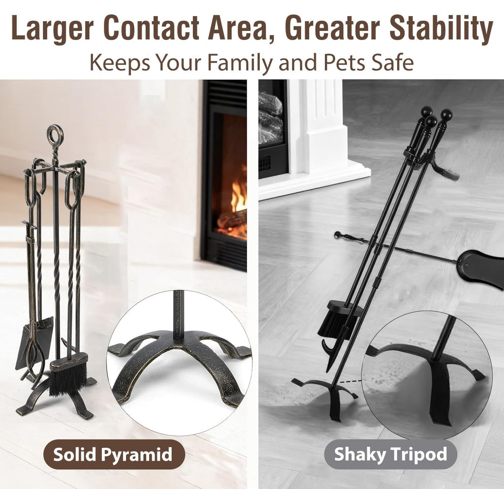5 Pieces Fireplace Tools Sets Wrought Iron Fireplace Set Antique Brass Copper with Poker Tongs Broom Shovel Stand