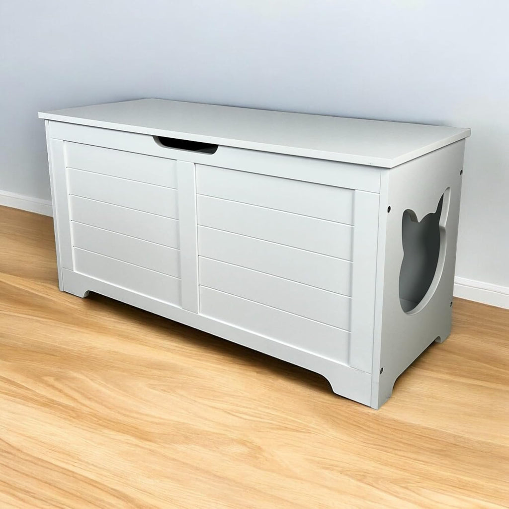 Top Open Cat Litter Box Enclosure Hidden Furniture Bench, Large Cat Washroom Cabinet and Indoor Storage Chest, Cream
