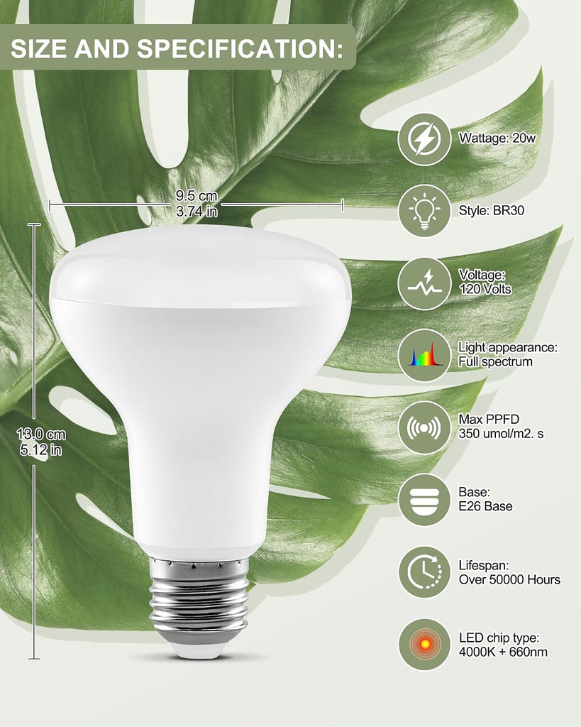 BR30 20W Led Grow Light Bulbs for Indoor Plants,4000K+660nm, 1-Pack