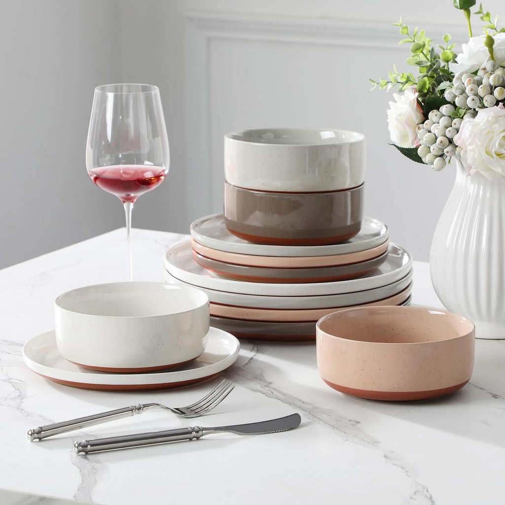 Plates and Bowls Sets, 12 Pieces Modern Stoneware Dinnerware Set for 4 Kitchen Dinner Set Ceramic Dishware Dishes Set