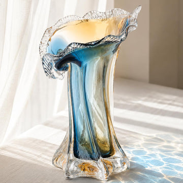 Turquoise Glass Hand Blown Vase, Teal Blue Gradient Modern Art Vase, Decorative Centerpiece Decor,Blown Glass