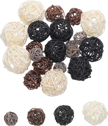 Vase Filler Decorative Balls, 2.4/2/1.6/1.2" White/Black/Coffee/Gray Wicker Rattan Decor, Balls Bowl Fillers - Set of 20