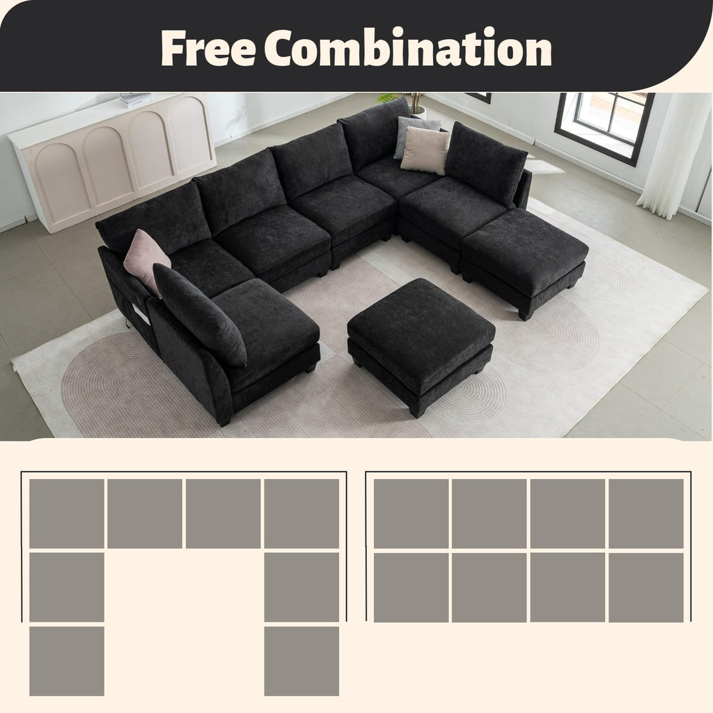 124" U-Shaped 8 Seater Sectional Couches with Storage Ottoman, Black