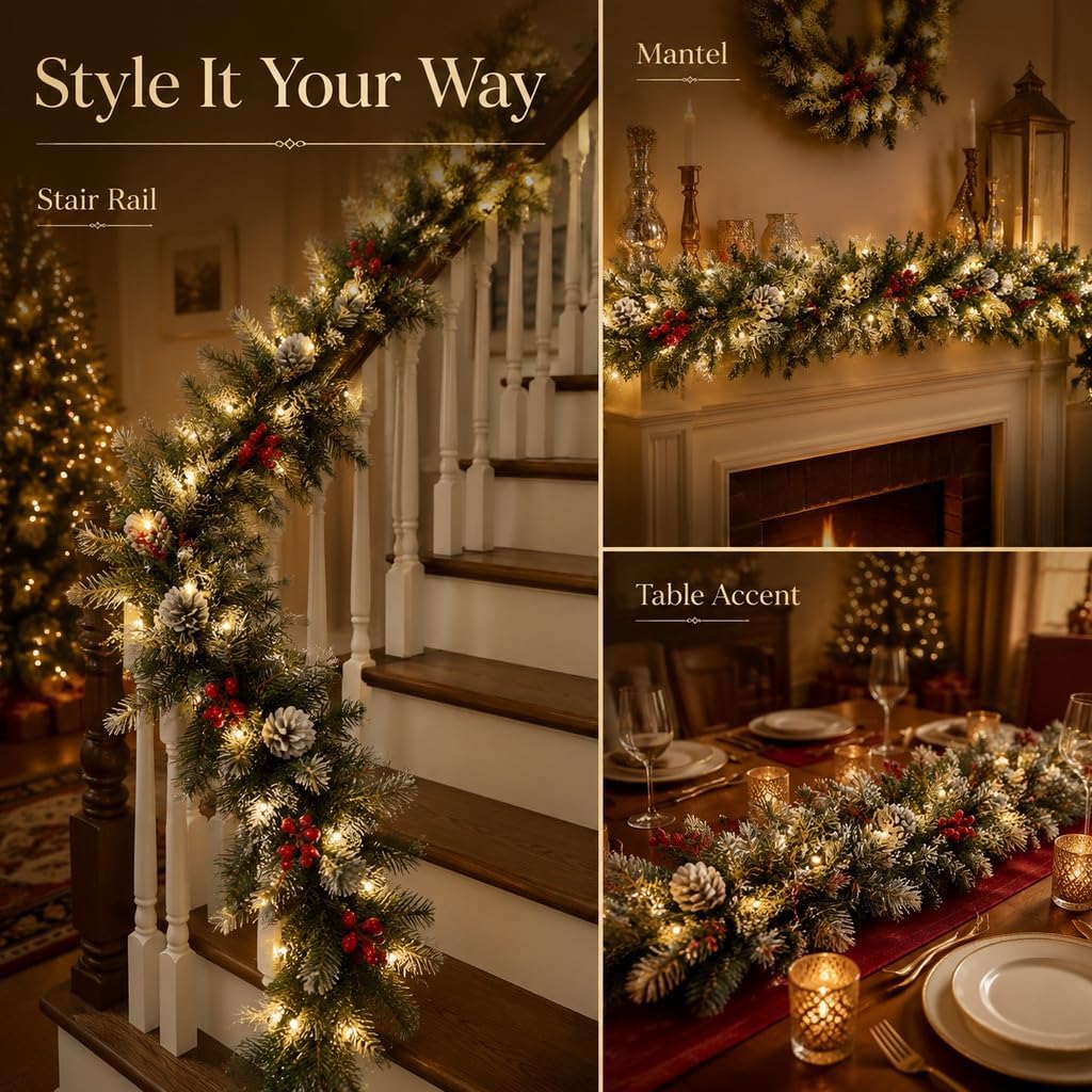 Pre-Lit Artificial Christmas Garland, Snowflake Garland, 50 Warm White Lights, Decorated with Pine Cones and Berry