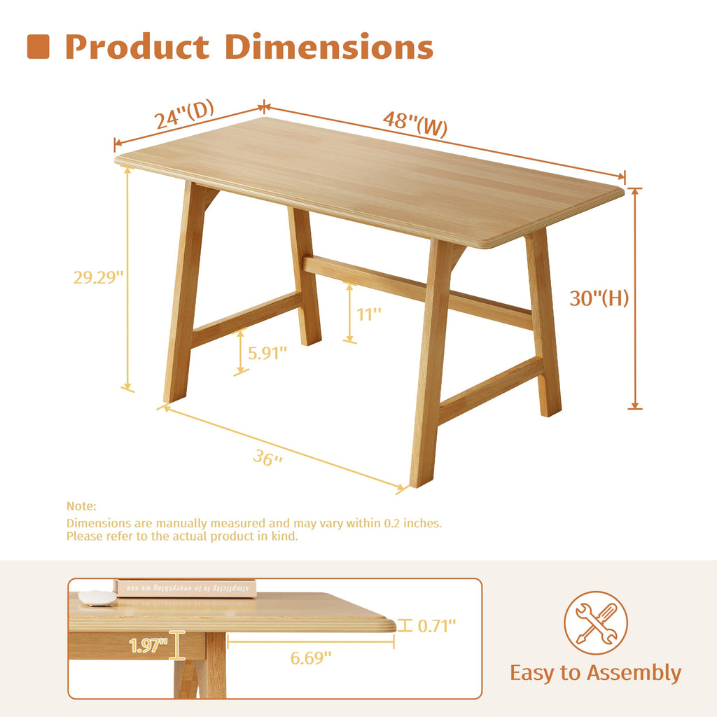 Solid Wood Writing Table - 48" W Minimalist PC Computer Desk, Oak
