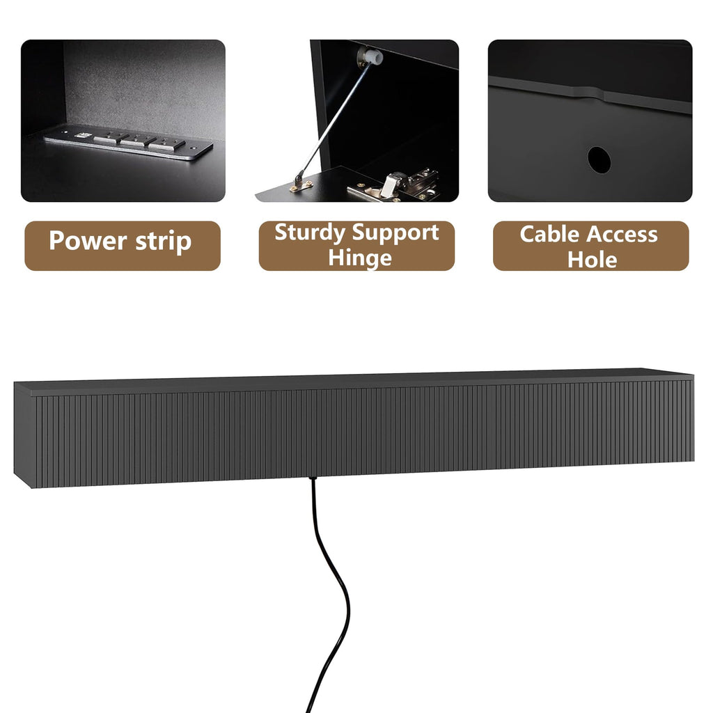 Mesa Flotante para TV 69 inch, Black Floating TV Stand Wall Mounted, Floating Entertainment Center with Fluted
